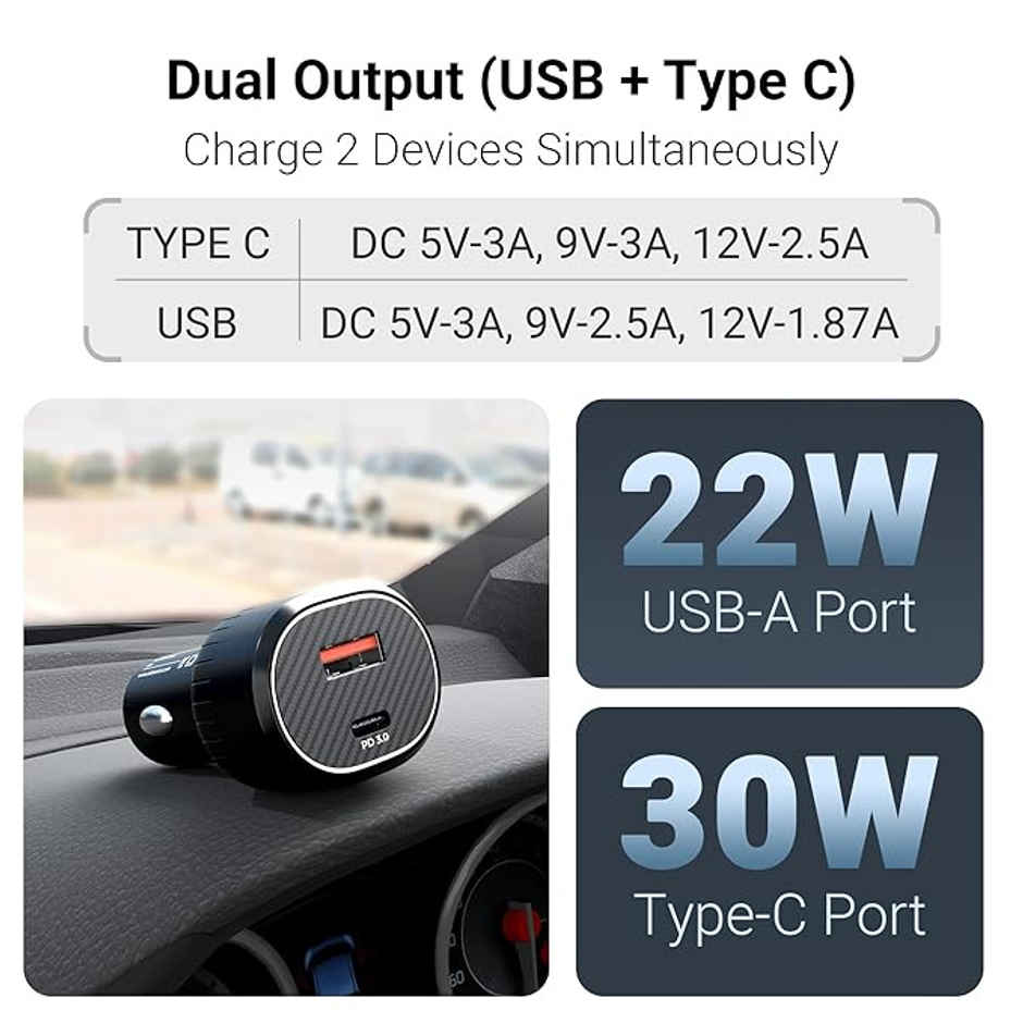 Zebronics CC52 52W Car Charger, Dual USB & Type-C, 1m Type-C Cable, Rapid Charge | Black