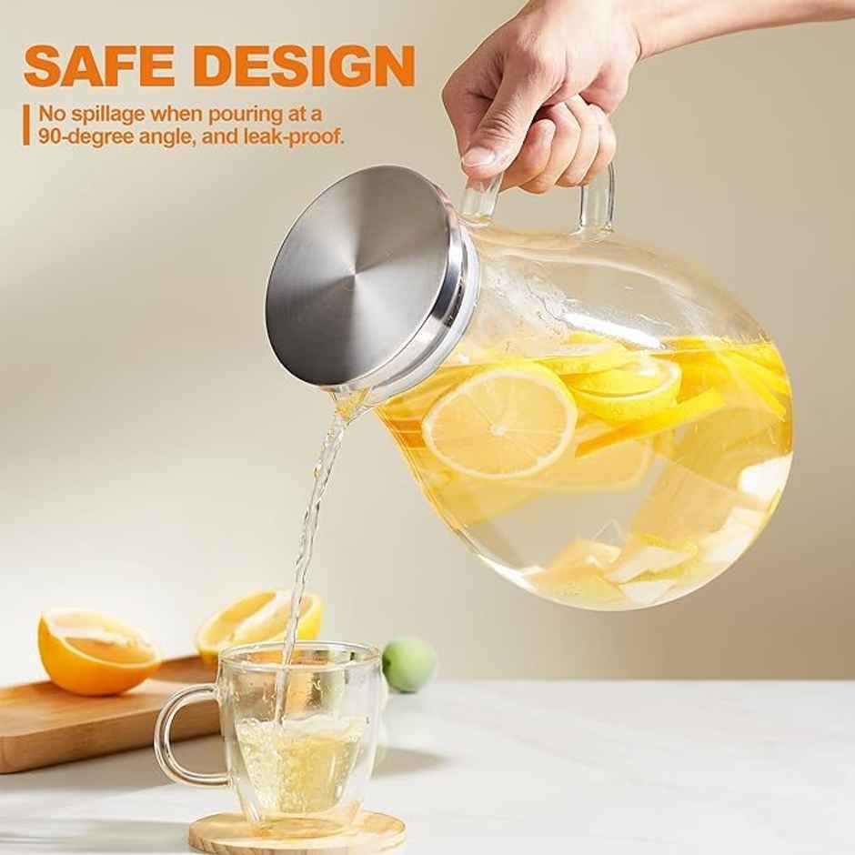 Femora Borosilicate Glass Water Jug With Handle Juice Beverage Carafe 1.8 Ltr (Bpa Free)