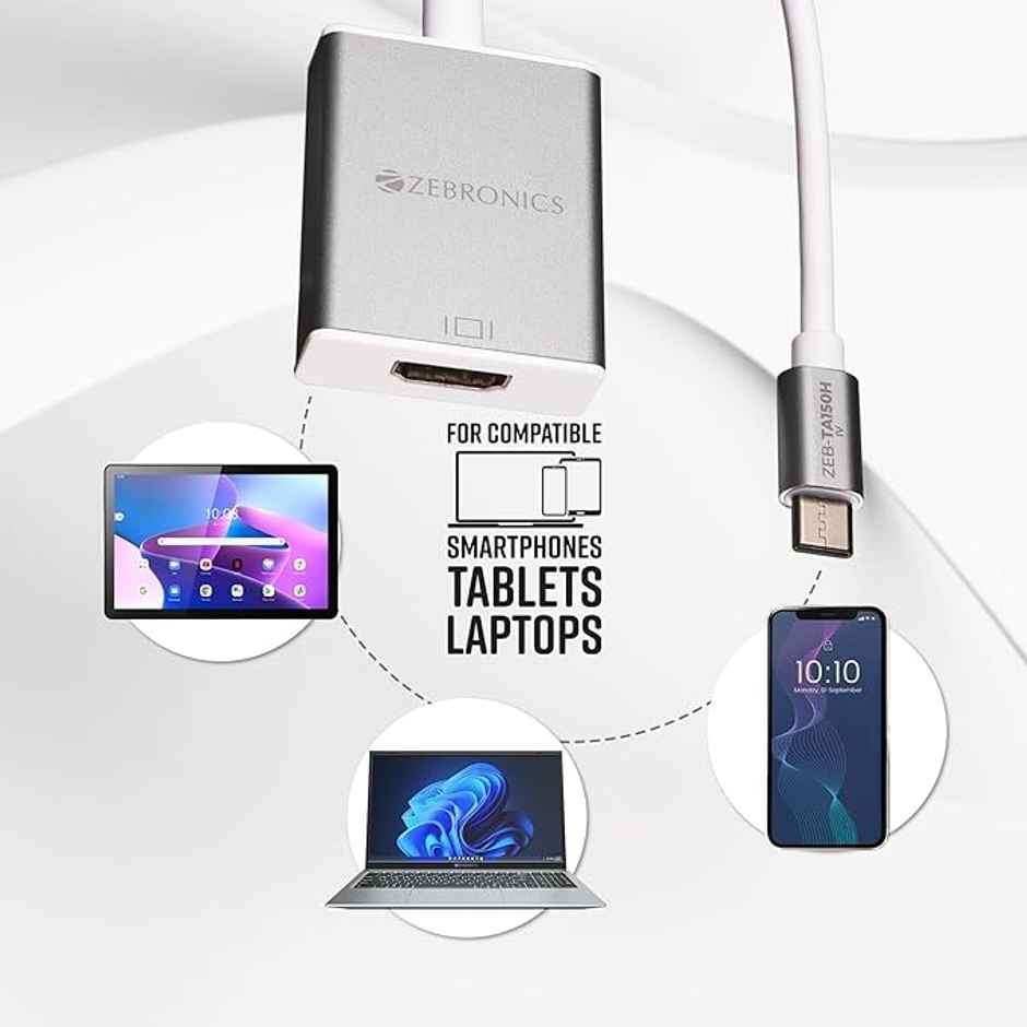 ZEBRONICS TA150H Type-C to HDMI 4K Adapter, 15cm, MacBook/DeX/Windows, Aluminium Design, White