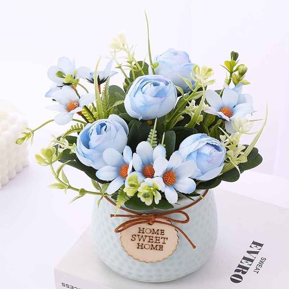 Rose Artificial Plant with Pot | Blue | Tied Ribbons