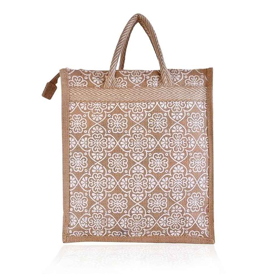 Kuber Industries Jute White Flower Grocery Bag with Handle|Medium|Brown