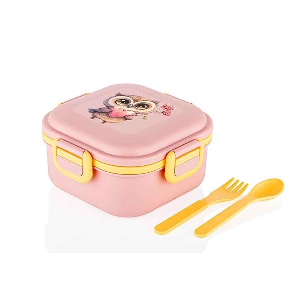 Attro Quick Bite Owl Love Kids Lunch Box 800 ml with 3 Compartments | Fork & Spoon - Peach