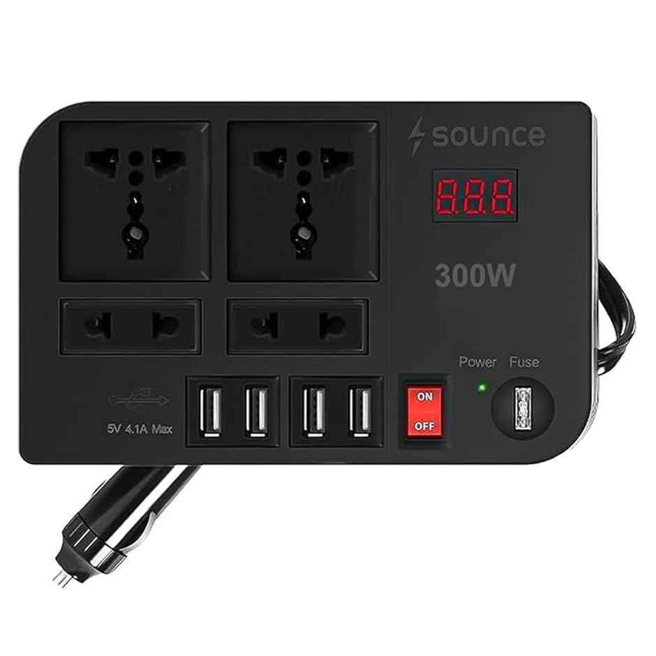 Sounce 300W Car Inverter | 4 USB Ports | DC 12V to 220V with LED Voltage Display & Fuse | Black