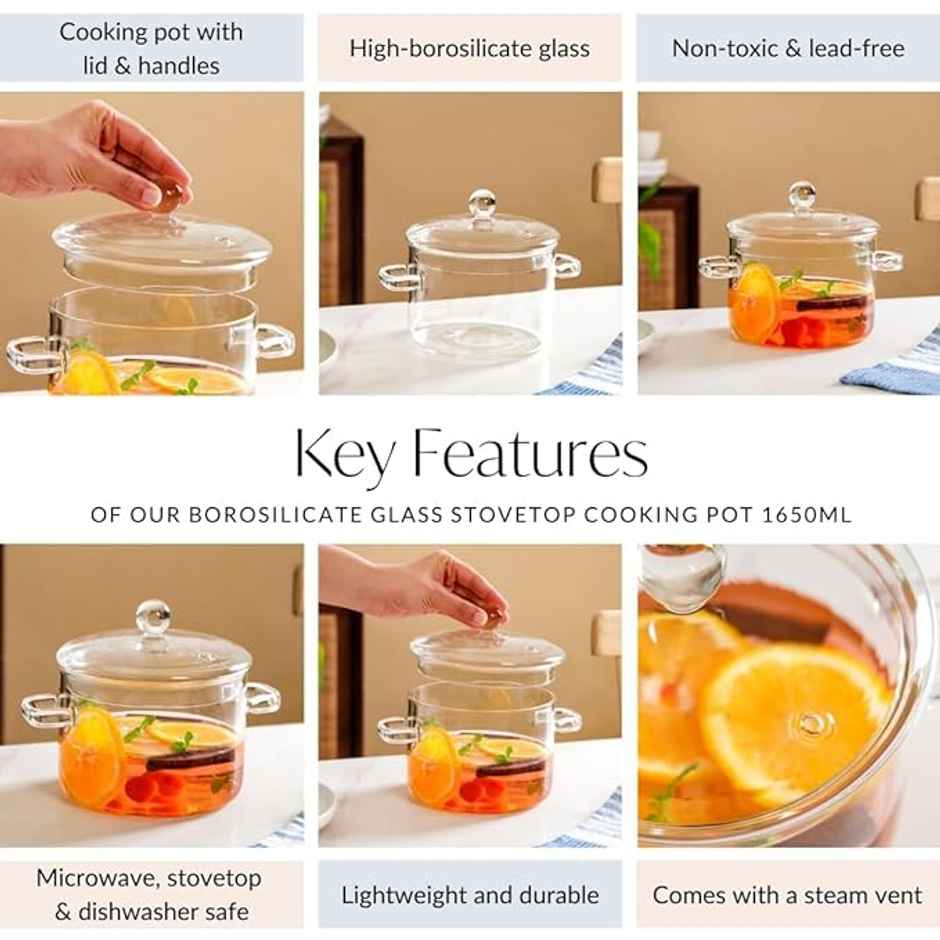 Nestasia Borosilicate Glass Stovetop Cooking Pot | 1650 ml