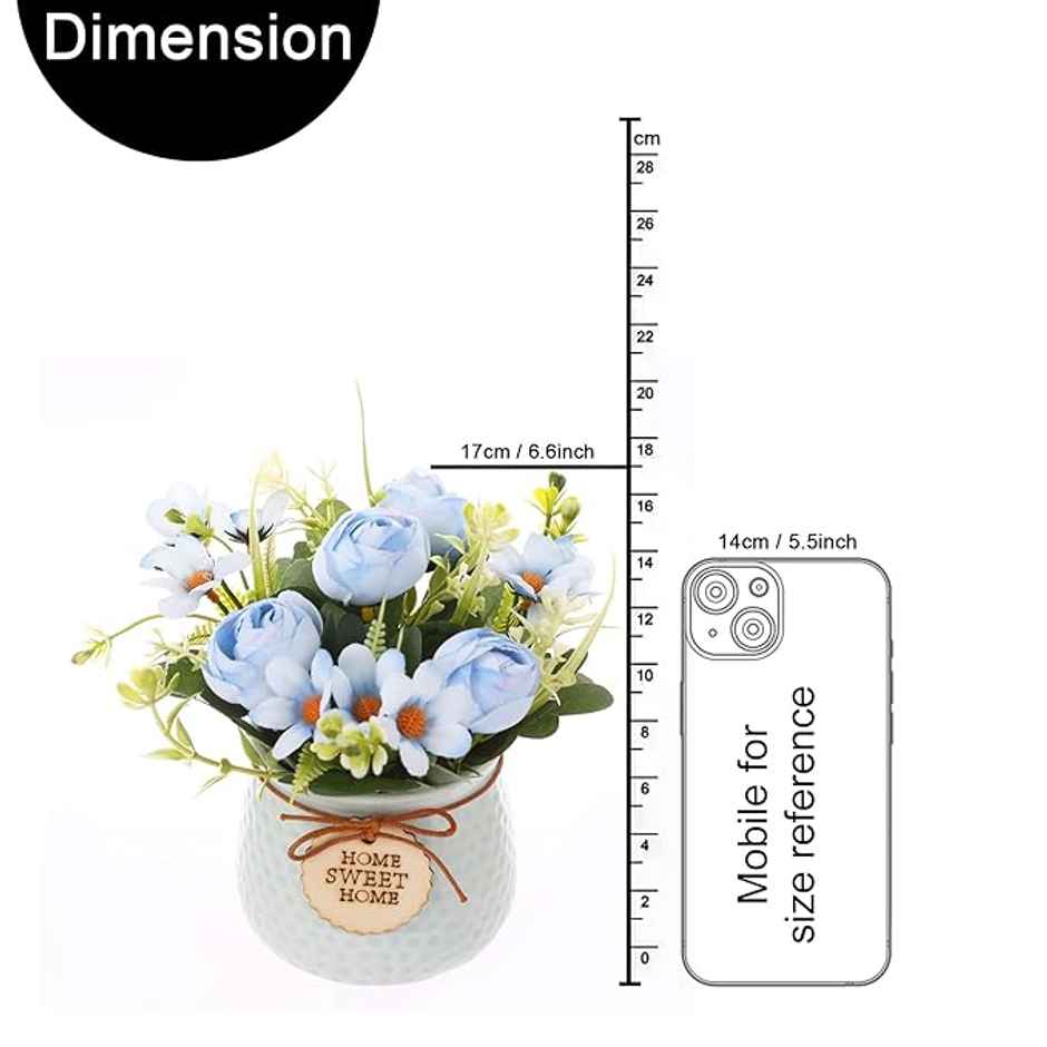 Rose Artificial Plant with Pot | Blue | Tied Ribbons