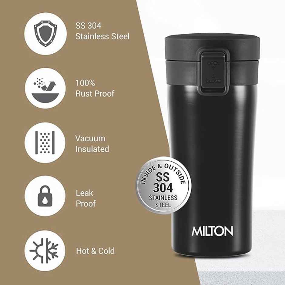 Milton Thermosteel Vacuum Insulated Coffee Mug, 300 ml, Black | Hot & Cold Flask
