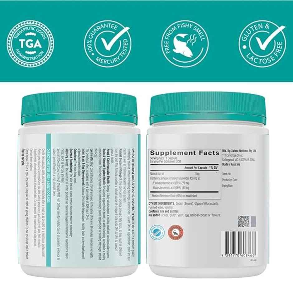 Swisse Ultiboost Odourless High Strength Wild Fish Oil with 1500mg Omega 3 Capsule 200