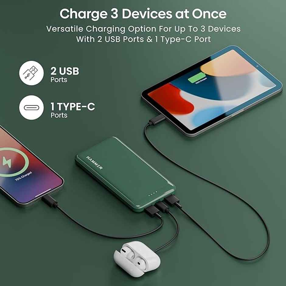 Hammer 10000 mAh 22.5W Power Bank Ultra Charge | Pd Fast Charging | 3 Output | 2 Input Ports - Green