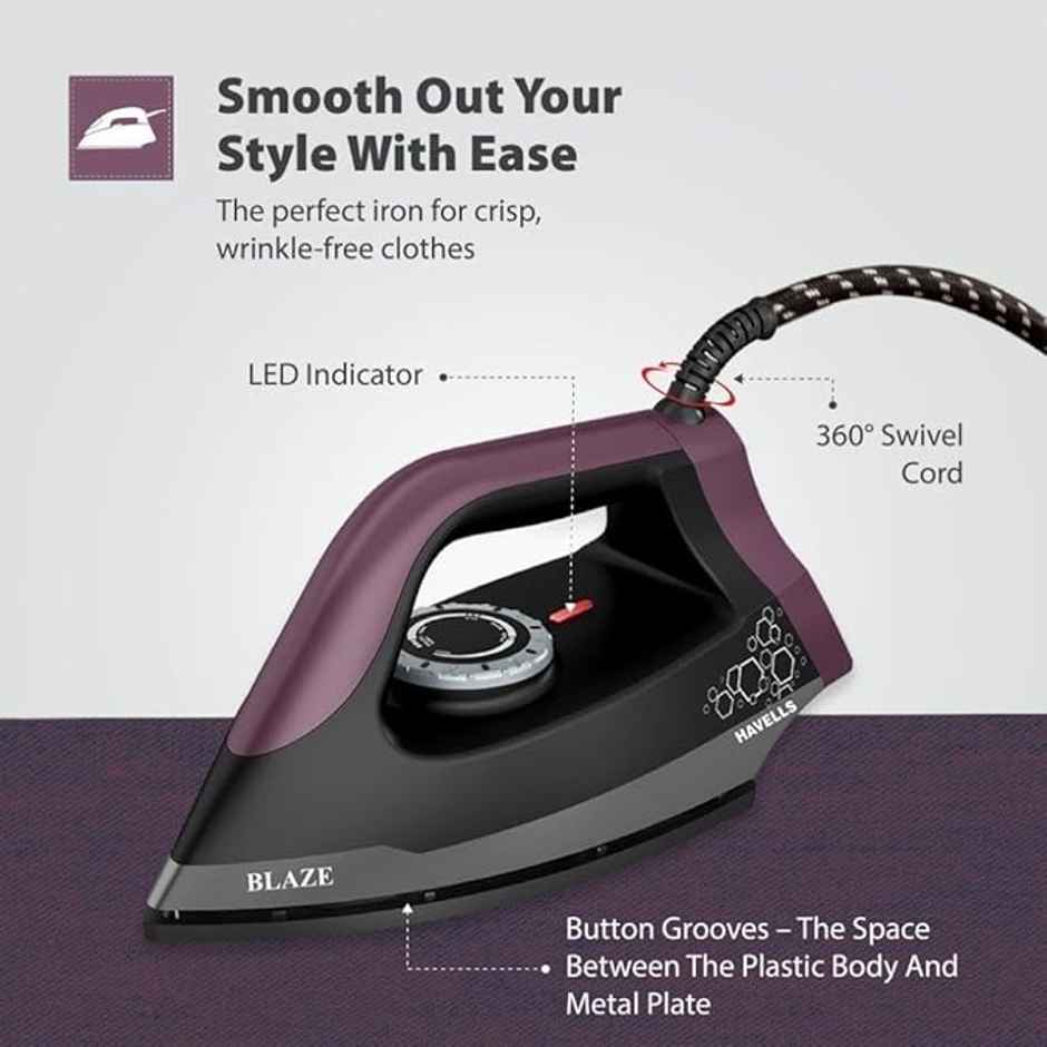 Havells Blaze Dry Iron 2 KG Heavy Weight Dry Iron, 1250W, American Heritage Non-stick Coated Sole Plate For Smooth Gliding & Long Life| Aerodynamic Design - Black