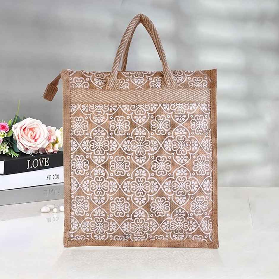 Kuber Industries Jute White Flower Grocery Bag with Handle|Medium|Brown