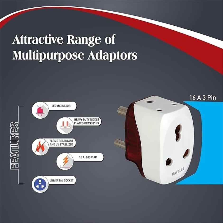Havells 16A, 240V AC 3 Pin Nickel Plated Brass Adaptor for AC, Flame Retardant - White