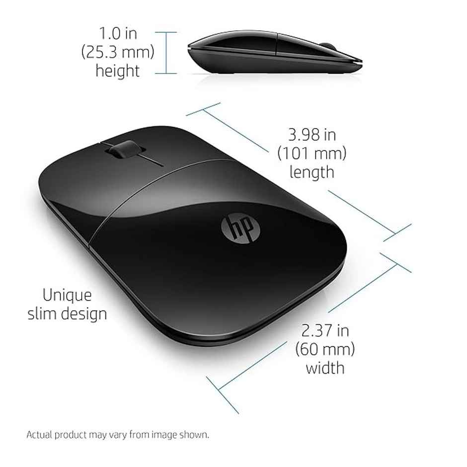 HP Z3700 Wireless Optical Mouse with USB Receiver and 2.4GHz Wireless Connection/ 1200DPI / 16 Months Long Battery Life/Ambidextrous and Slim Design, 3 Years Warranty - Black