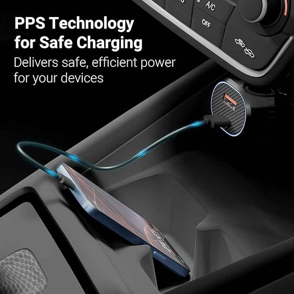 Zebronics CC52 52W Car Charger, Dual USB & Type-C, 1m Type-C Cable, Rapid Charge | Black
