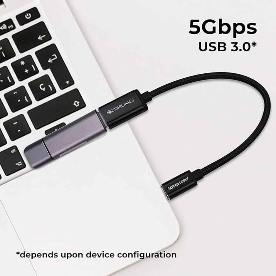 Zebronics OTG1 Type C to OTG Connector with Male Type-C 3.1 Gen 1, Female USB 3.0 5Gbps, 15cm Braided Cable, Metal Body, Sleek Design, for Smartphones, Tablets & Laptops - Black