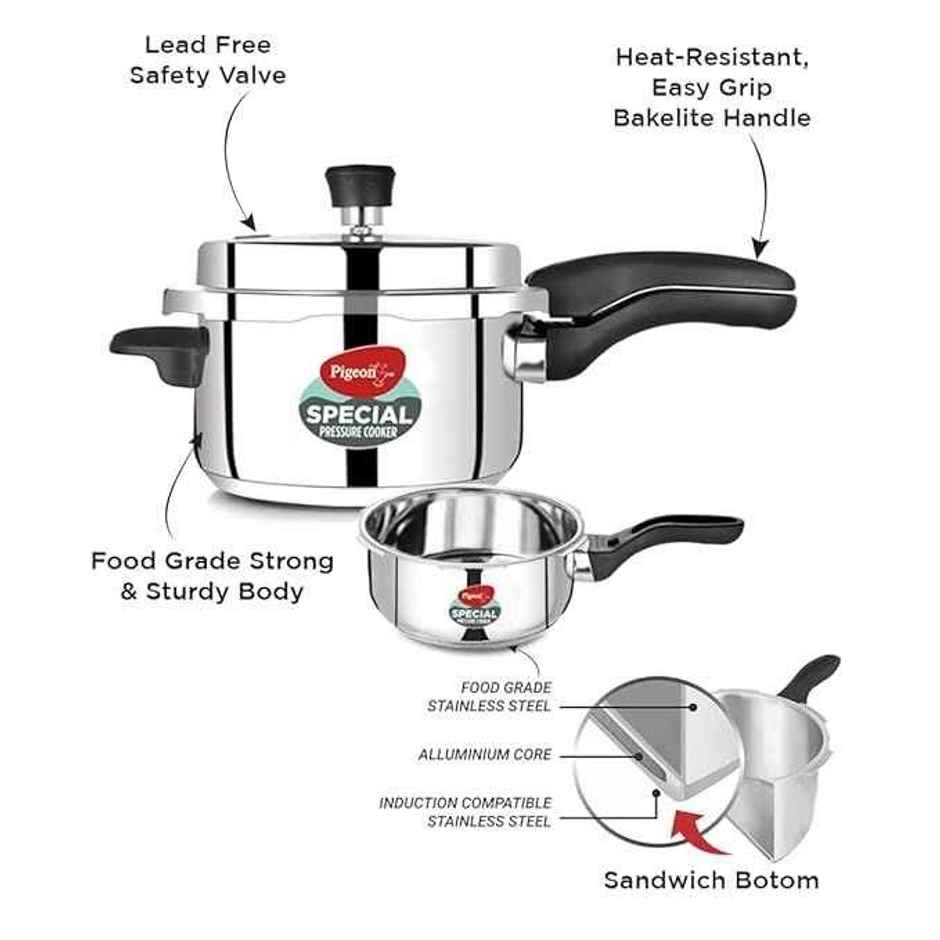 Pigeon Special and 2 L, 3 L, 5 L Outer Lid Induction Bottom Pressure Cooker | Stainless Steel