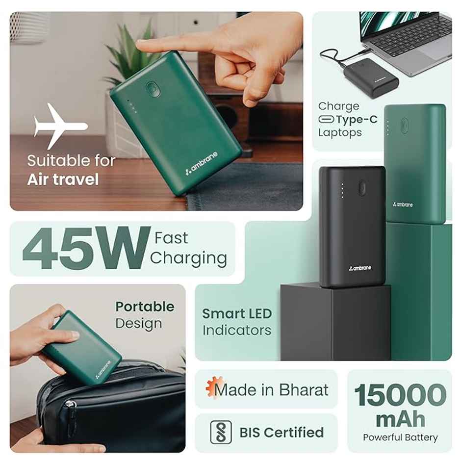 Ambrane 45W Fast Charging Powerbank For Macbook & Type C Laptops, 15000 mAh (Powerlit 45, Green)