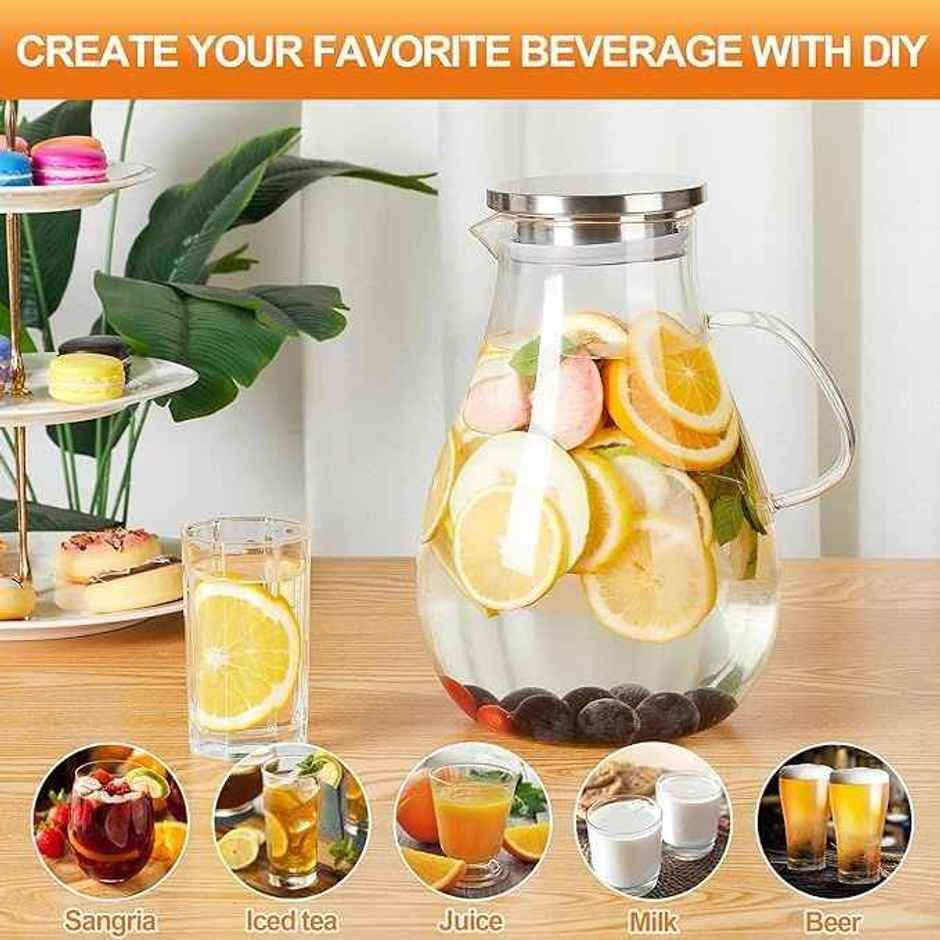 Femora Borosilicate Glass Water Jug With Handle Juice Beverage Carafe 1.8 Ltr (Bpa Free)