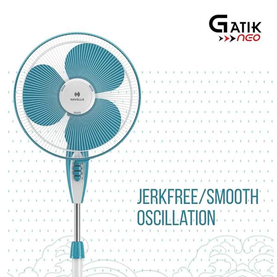 Havells Gatik Neo Oscillating Pedestal Fan,400mm, auto OFF, 4 speed control, White Blue