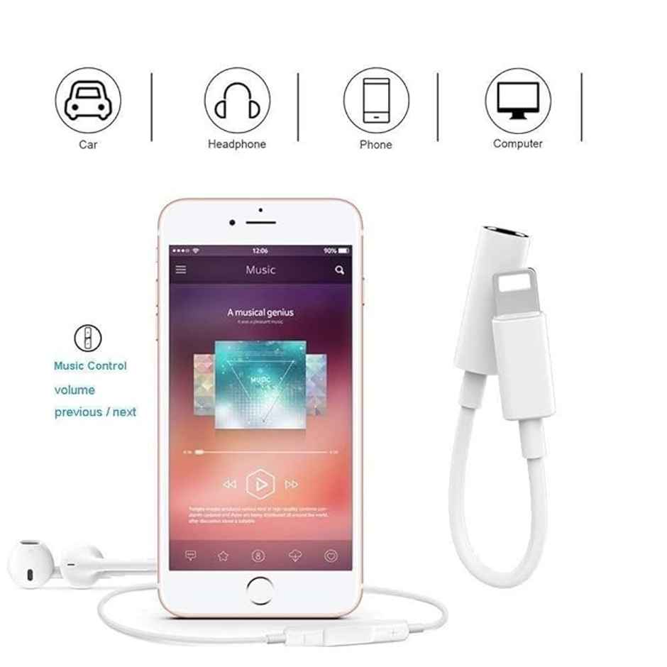 Sounce 3.5mm Audio Adapter with Music Control and Calling for iPhone XS|XR|8|7|6|iPad | White