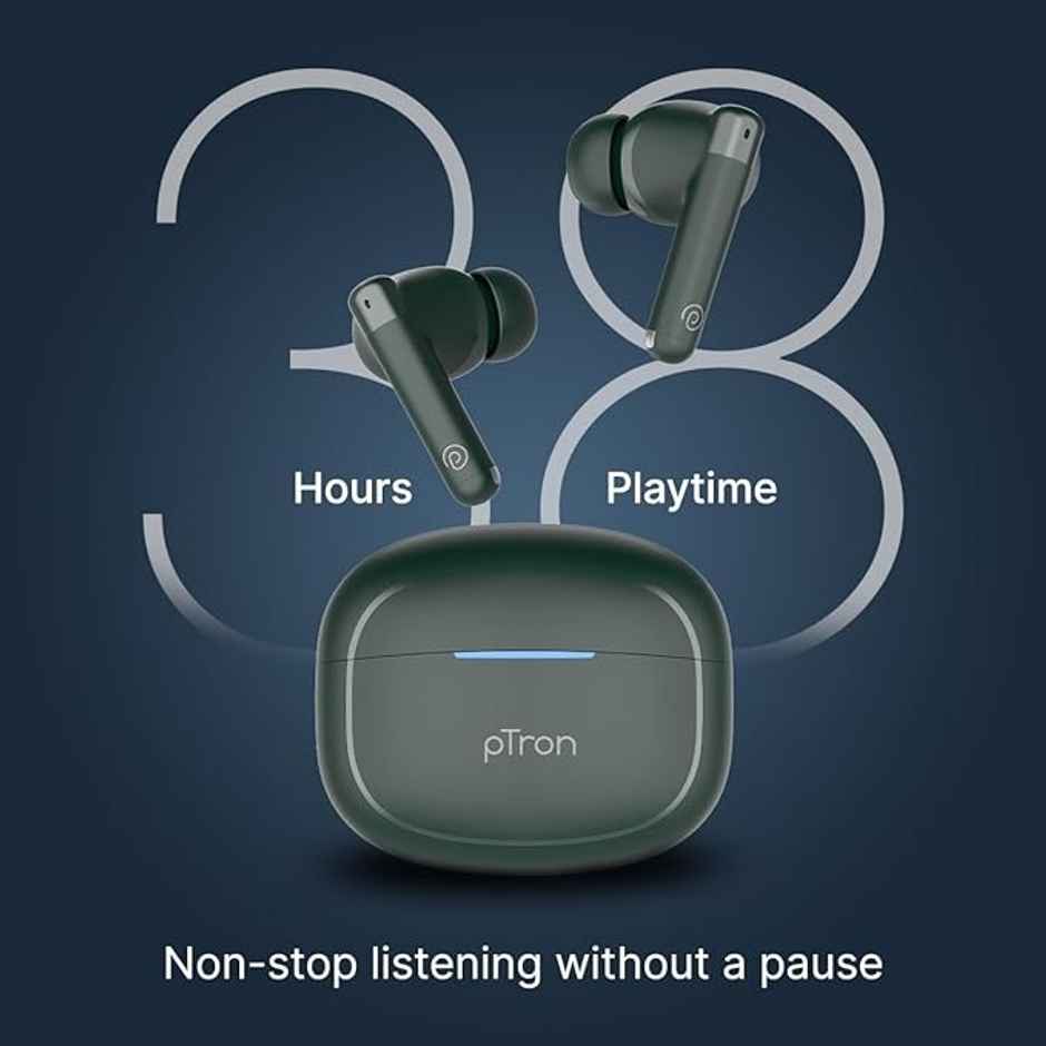 pTron Bassbuds Duo Pro TWS Earbuds | TruTalk AI-ENC Calls | 38H Playback Time | Movie/Music Modes - Green