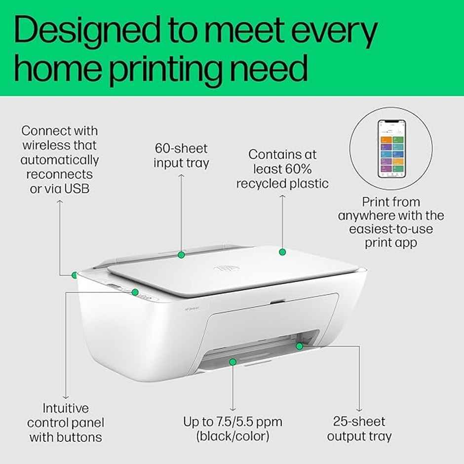 HP Deskjet 2820 WiFi Colour Printer - Print/Scan/Copy Ideal for Home - White