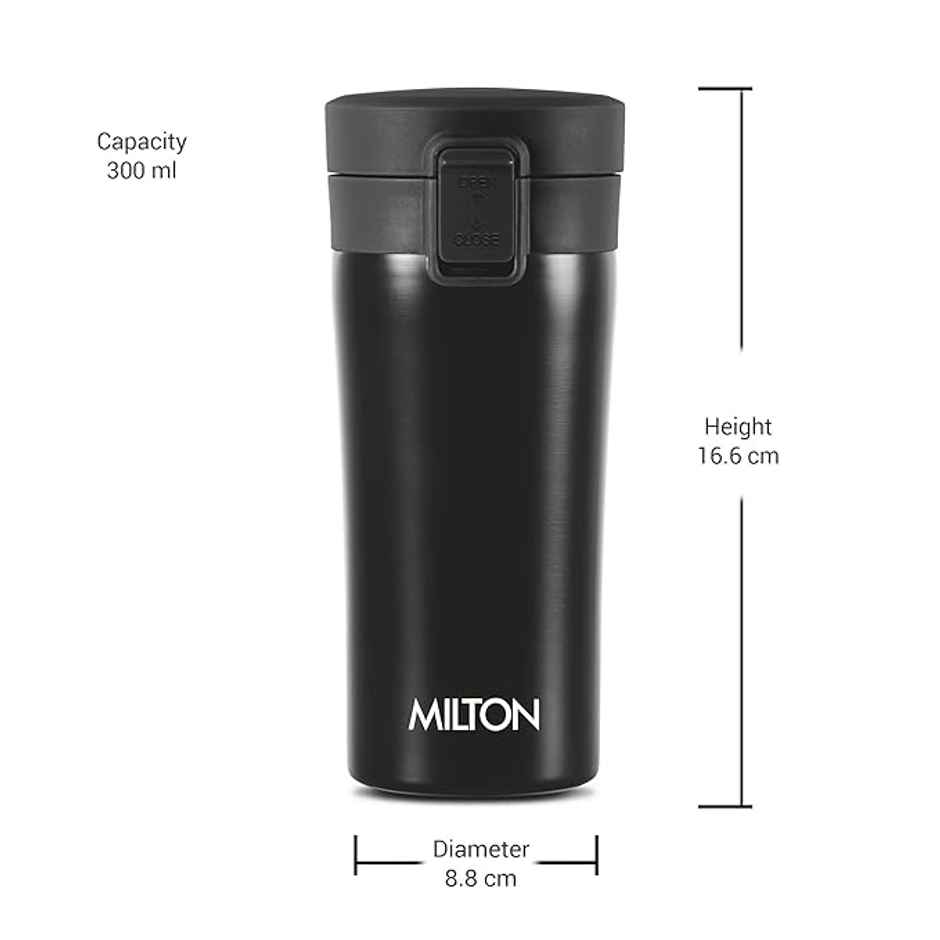 Milton Thermosteel Vacuum Insulated Coffee Mug, 300 ml, Black | Hot & Cold Flask