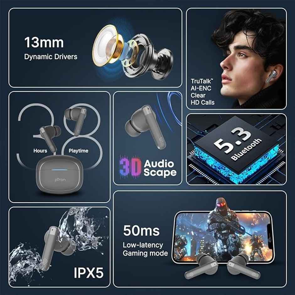pTron Bassbuds Duo Pro TWS Earbuds | TruTalk AI-ENC Calls | 38H Playback Time | Movie/Music Modes - Grey