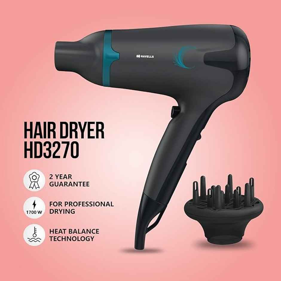 Havells 1700W 2-In-1 Hair Dryer With Diffuser & Thin Concentrator,Midnight Black