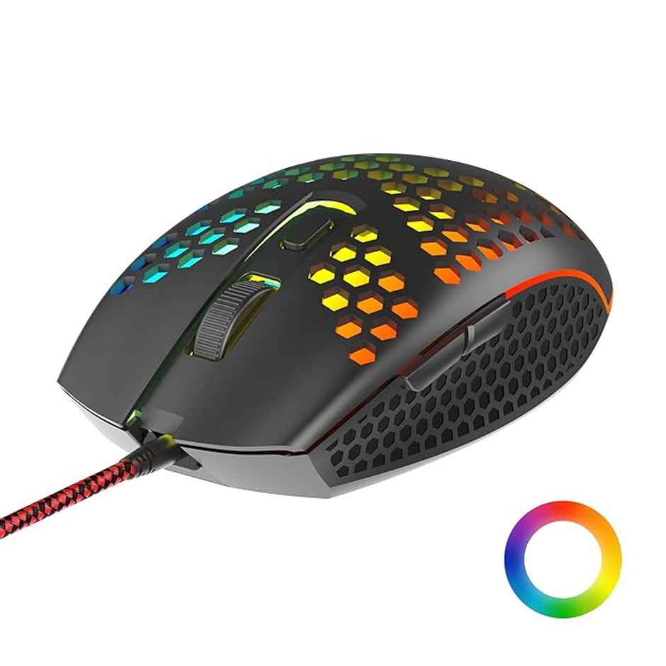 Ambrane Honeycomb Design Wired Gaming Mouse with 6 Programmable Buttons, 4-Speed Customizable 3600 DPI, Comfortable Grip, 7 Colors Breathing LED Light, 1.5m Long Cable, Lightweight - TroneX, Black