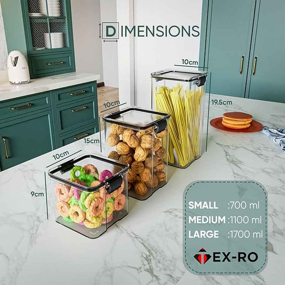 Tex-Ro Black & Transparent Airtight Lockable Plastic Container For Kitchen Organizer - Pack Of 4