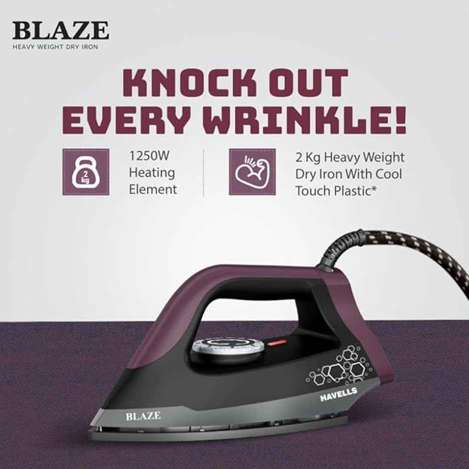 Havells Blaze Dry Iron 2 KG Heavy Weight Dry Iron, 1250W, American Heritage Non-stick Coated Sole Plate For Smooth Gliding & Long Life| Aerodynamic Design - Black