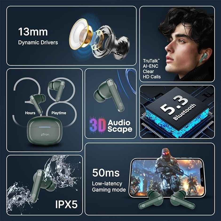 pTron Bassbuds Duo Pro TWS Earbuds | TruTalk AI-ENC Calls | 38H Playback Time | Movie/Music Modes - Green
