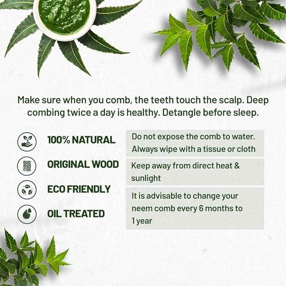 Midazzle Organic Kacchi Neem Wooden Grooming Comb Handle |MINC2106