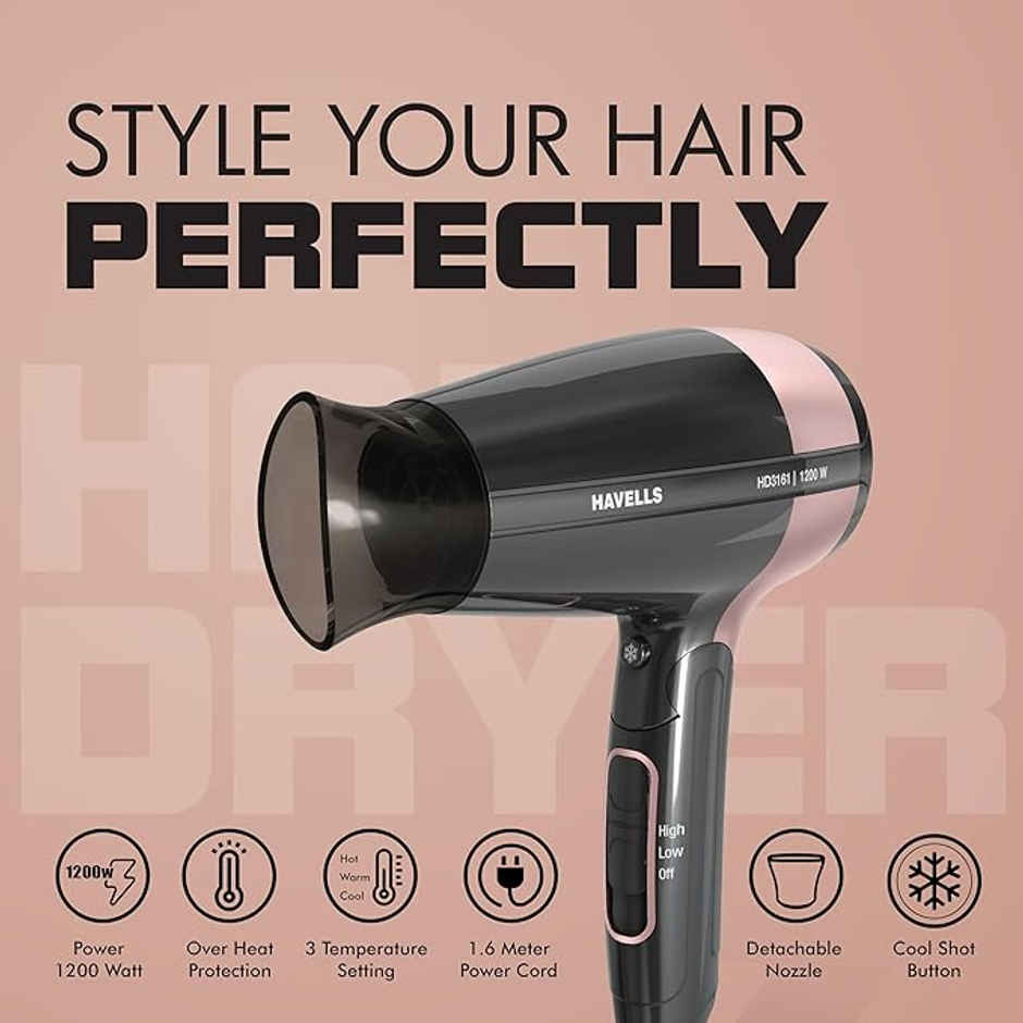 Havells 1200W Foldable Hair Dryer; 3 Heat Settings With Cool Shot (Hot/Cool/Warm), Cool Black