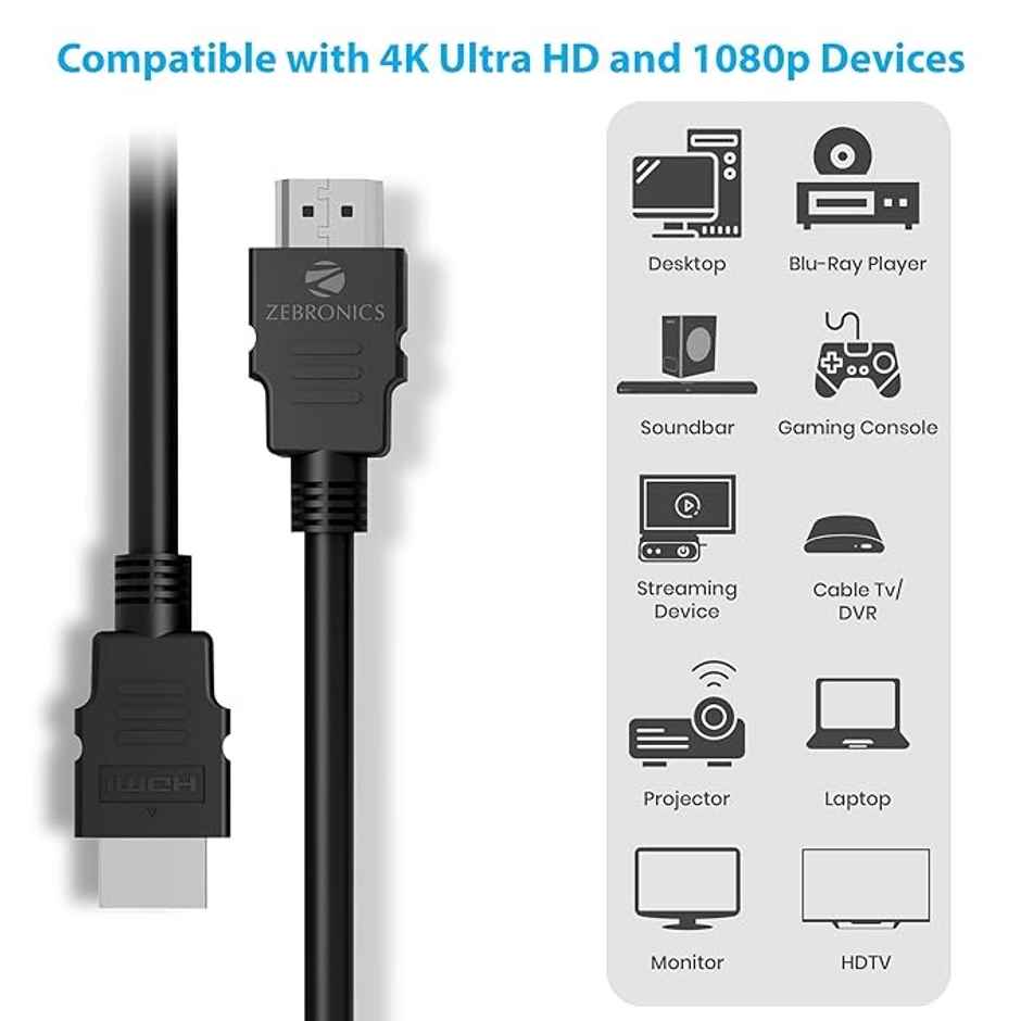 Zebronics Haa1520C Hdmi 2.0 Male To Male Cable,1.5 Meter,3D Compatible Black