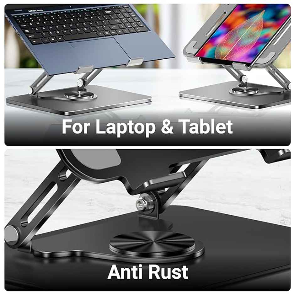 Zebronics NS3000 PRO 360Degree Rotatable Laptop Stand, Supports up to 17"(43cm) Laptops, Tablets, Supports Max 5kg, Carbon Steel with Anti Rust Body, Anti-Slip/Scratch Silicone Pads - Dark Grey