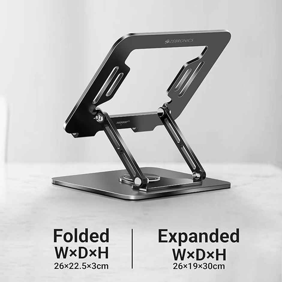 Zebronics NS3000 PRO 360Degree Rotatable Laptop Stand, Supports up to 17"(43cm) Laptops, Tablets, Supports Max 5kg, Carbon Steel with Anti Rust Body, Anti-Slip/Scratch Silicone Pads - Dark Grey