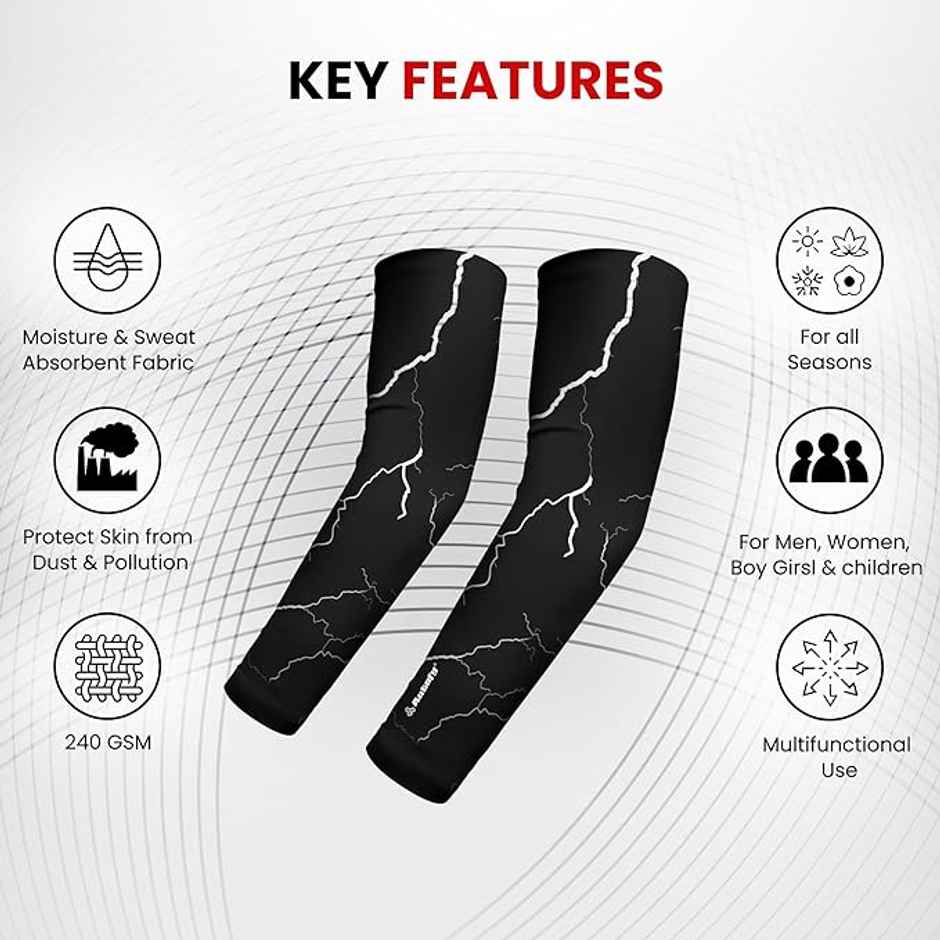 Autofy Active Fit 240 GSM Unisex Arm Sleeves | UV Protection Compression & Cooling Effect | Black