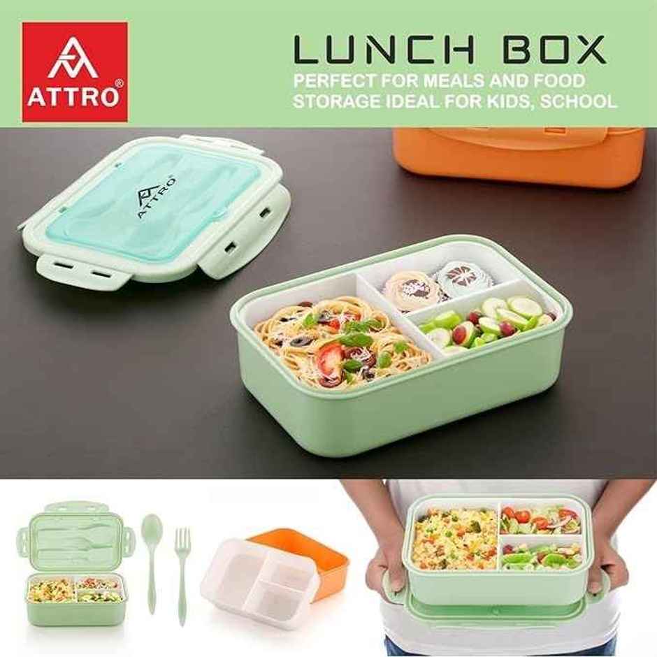 Attro Carbon Lunch Box with 3 Compartment | 2 Spoons BPA Free | 1100 ml - Mint Green