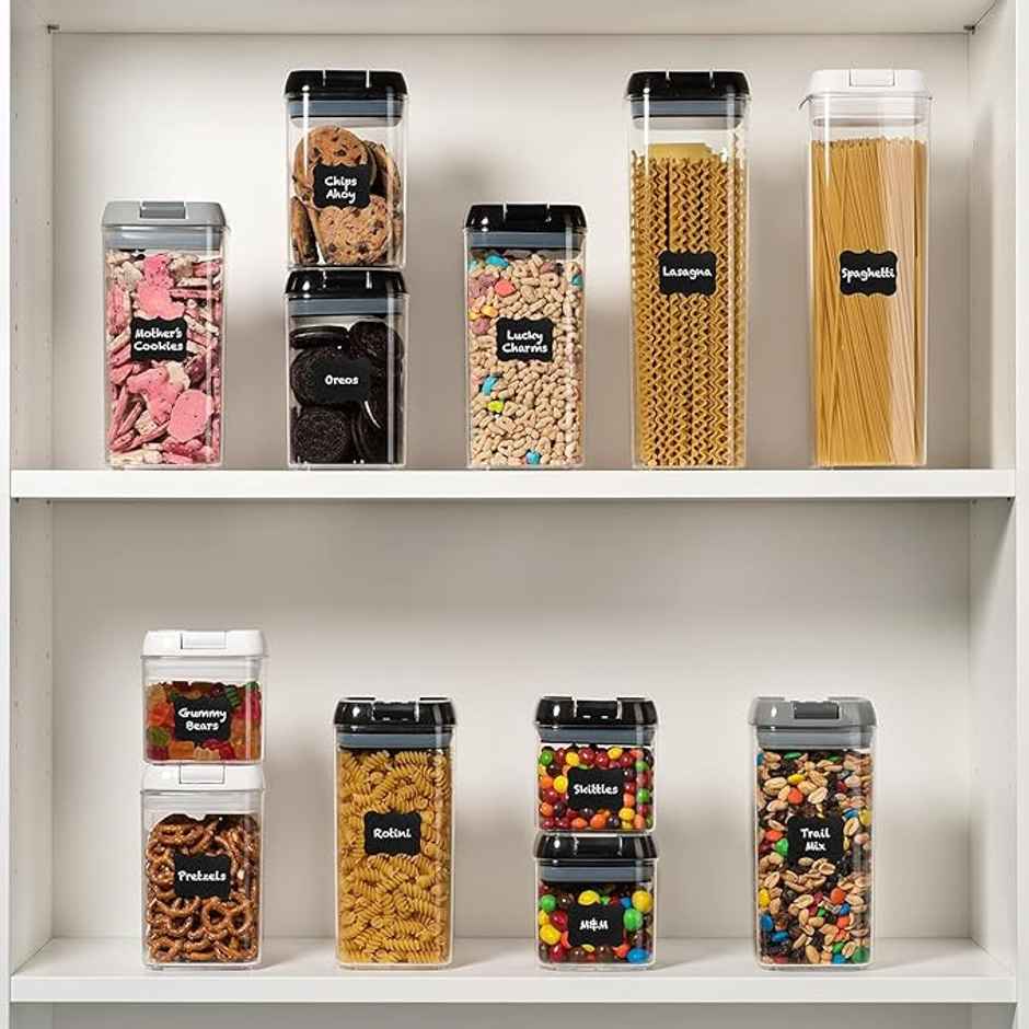 Tex-Ro Black Cap Airtight Plastic Grocery Container For Kitchen Organizer - Pack Of 4