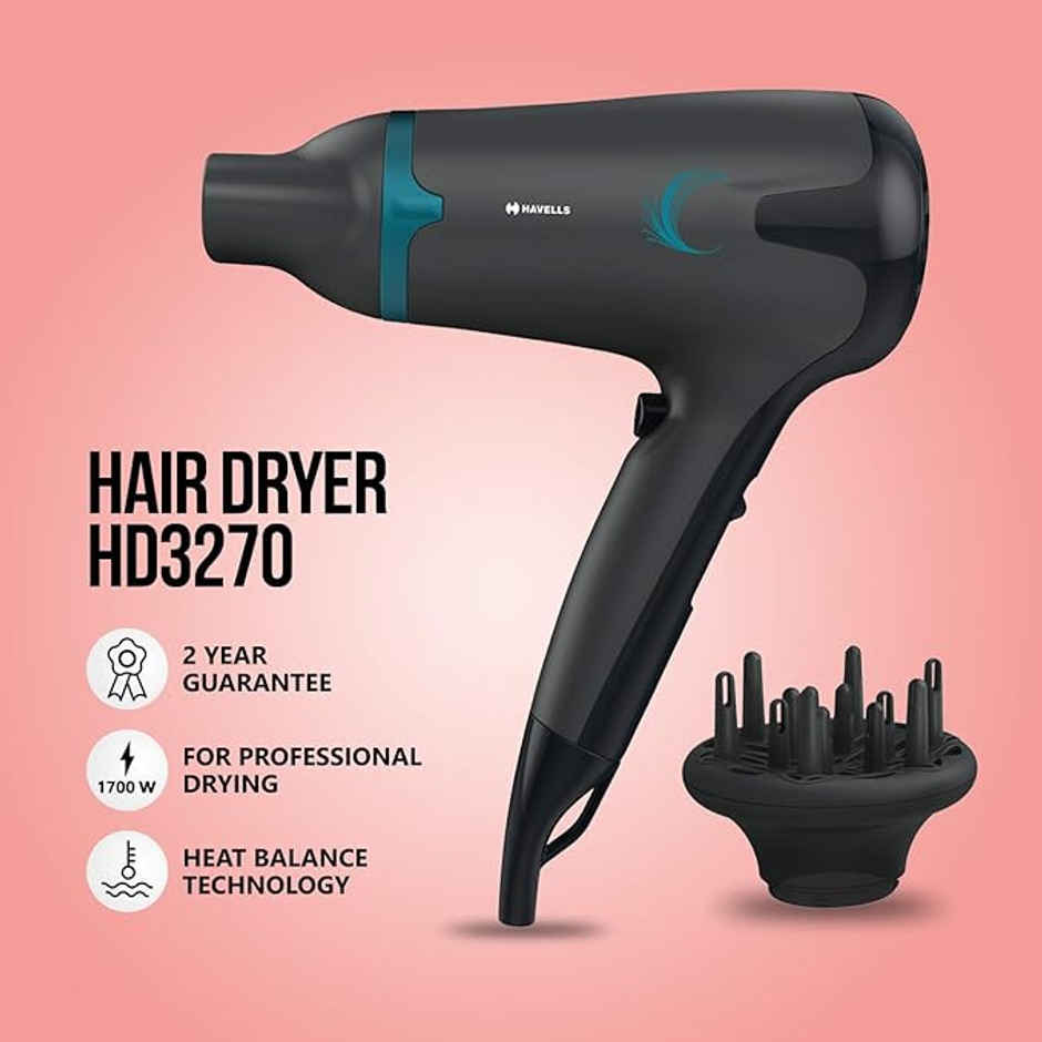 Havells 1700W 2-In-1 Hair Dryer With Diffuser & Thin Concentrator,Midnight Black