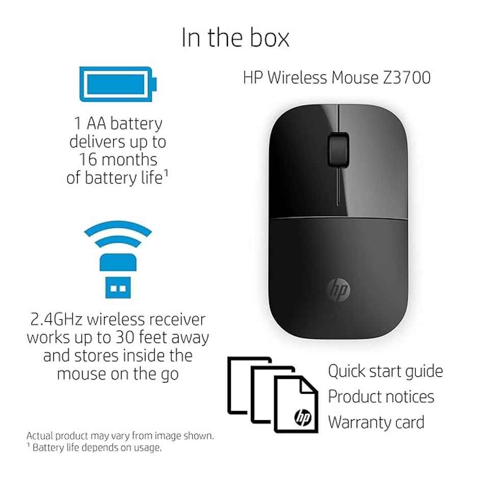 HP Z3700 Wireless Optical Mouse with USB Receiver and 2.4GHz Wireless Connection/ 1200DPI / 16 Months Long Battery Life/Ambidextrous and Slim Design, 3 Years Warranty - Black
