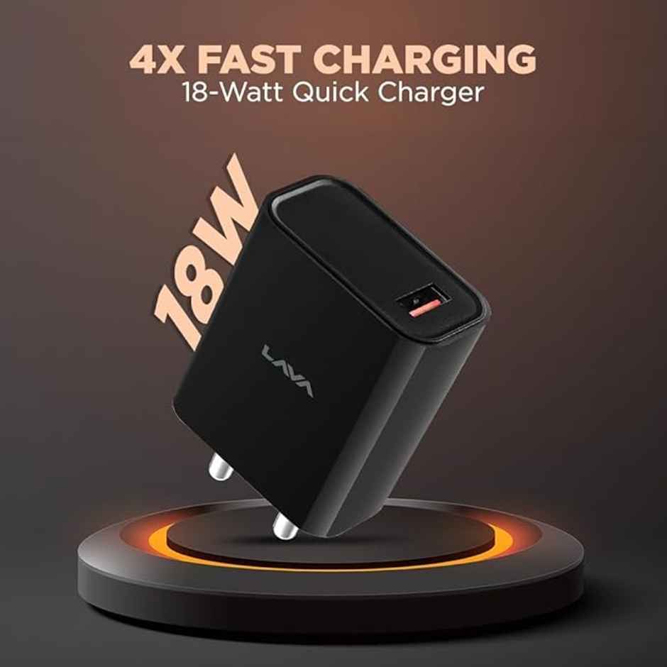 Lava 18W Fast USB Charger | with 3A USB to Type C 1M Cable | CH18 | Black