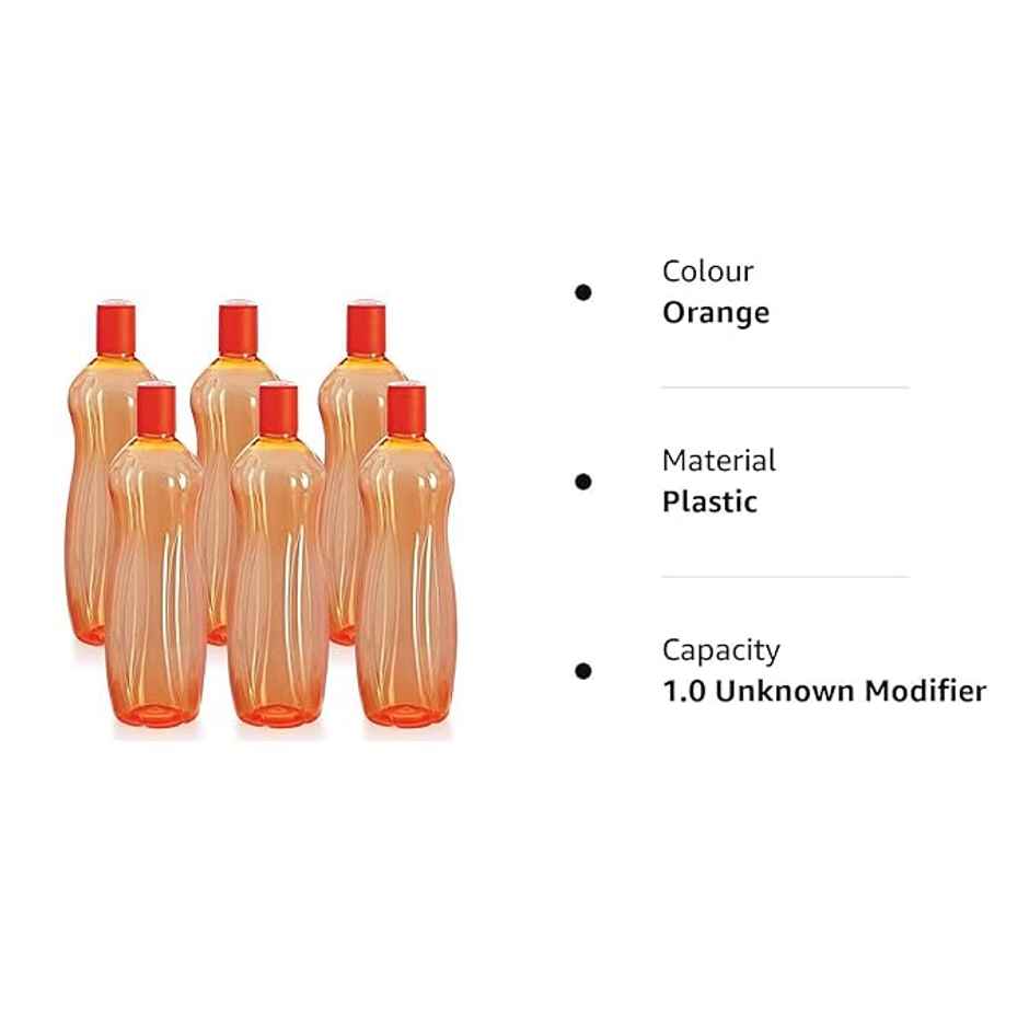 Cello Sipwell Pet Water Bottle | Leak proof and Break proof | 1000ml, Set of 6 | Orange