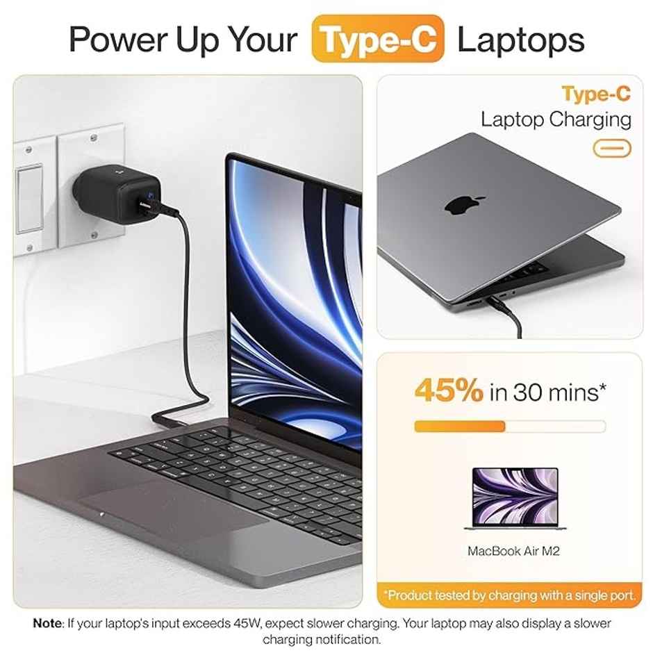 Ambrane 45W Dual Port GaN Charger, USB & Type C Port with QC & PD Technology Compatible with MacBook & Type-C Laptop Charging, iPhone, iPad, Samsung, Redmi, Mi, Oneplus, Oppo, Vivo (Charge 45) - Black