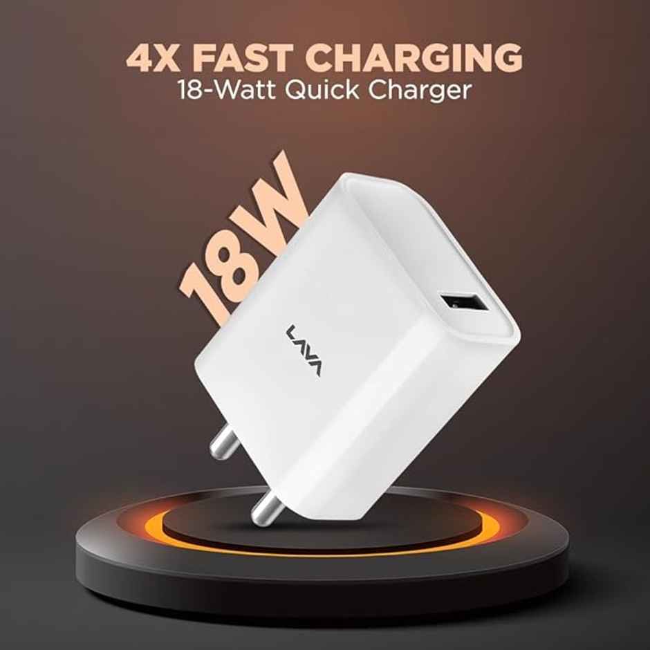 Lava 18W Fast USB Charger | with 3A USB to Type C 1M Cable | CH18 | White