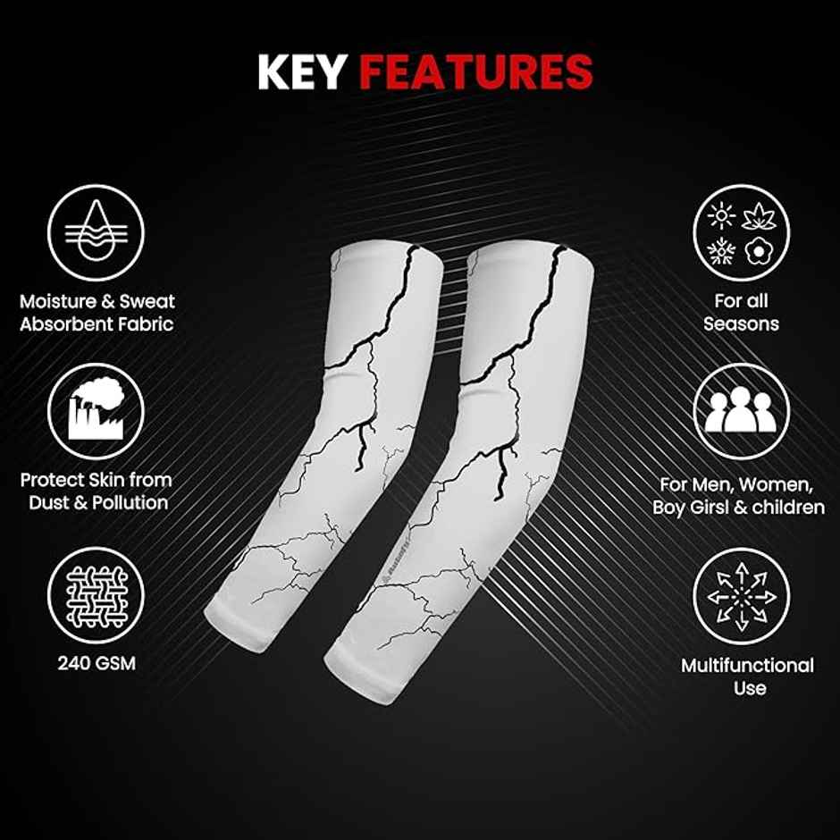 Autofy Active Fit 240 GSM Unisex Arm Sleeves | UV Protection Compression & Cooling Effect | White