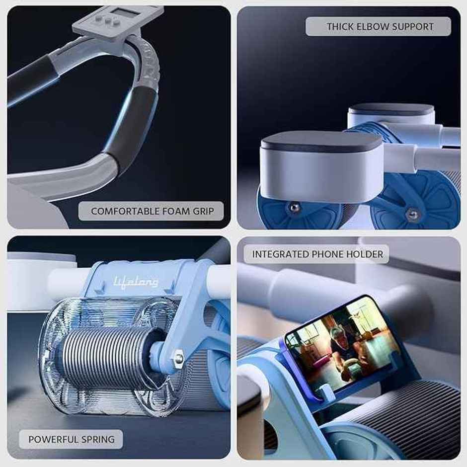 Lifelong Automatic Rebound Ab Roller with Display and knee pad | Blue