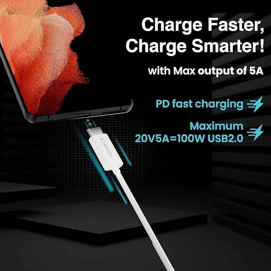 Hammer 1.5 Meter Type C To Type C 5A(100W) Pd Fast Charging Cable With Emk Chip|Rapid Data Transfer