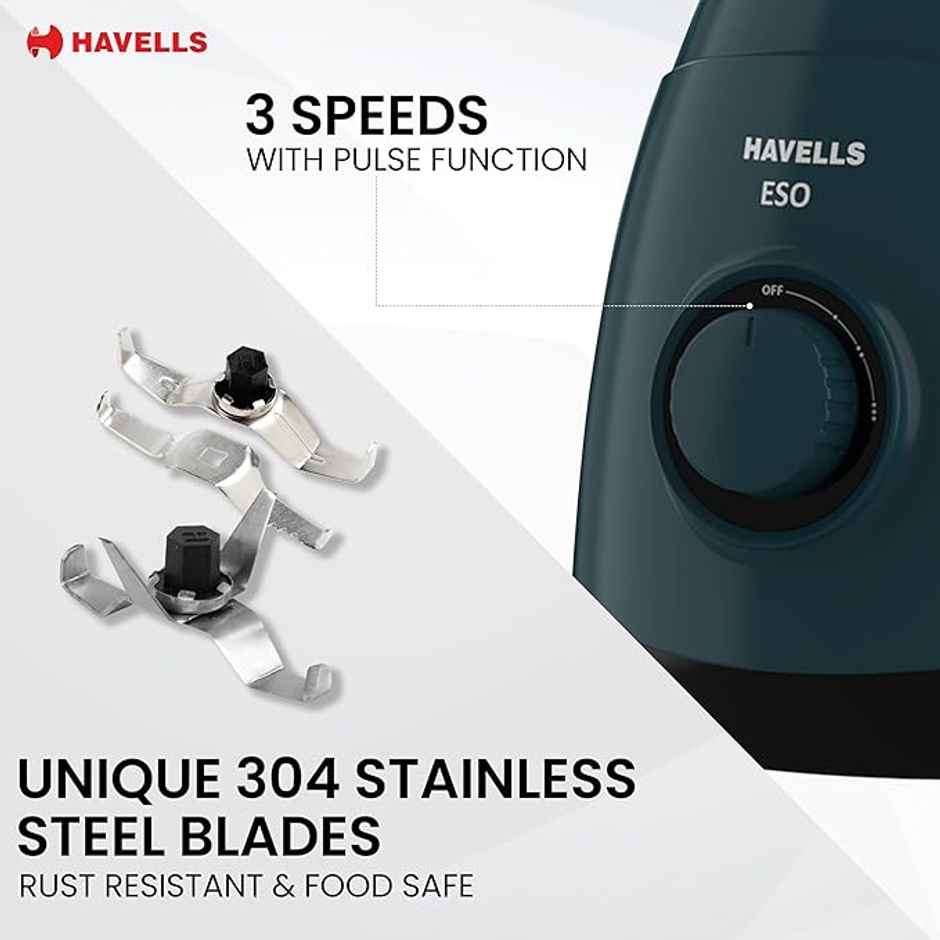 Havells ESO Mixer Grinder | 750 W | 4 Jars | 304 SS Blades | High Speed | 21000 RPM - Teal & Black